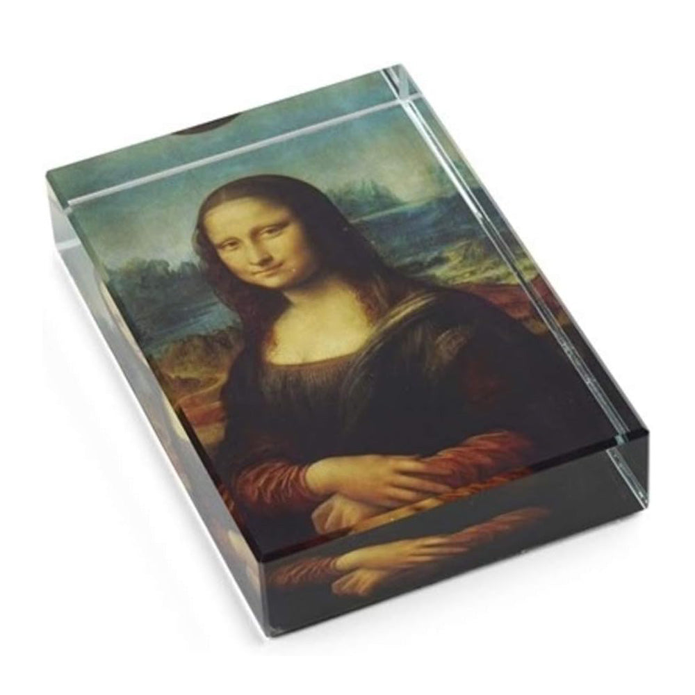 The Da Vinci Mona Lisa Rectangular Crystal Paperweight features an embedded image of the famous painting, making it a unique gift for art enthusiasts.