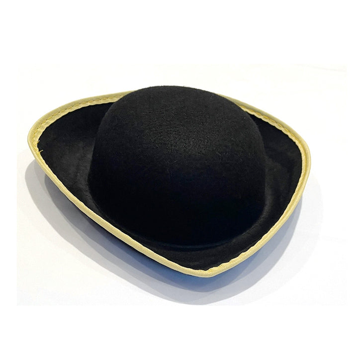The Colonial Tricorn Hat features black felt with a yellow trim along the brim, evoking American Revolution-era style. Displayed against a plain white background.