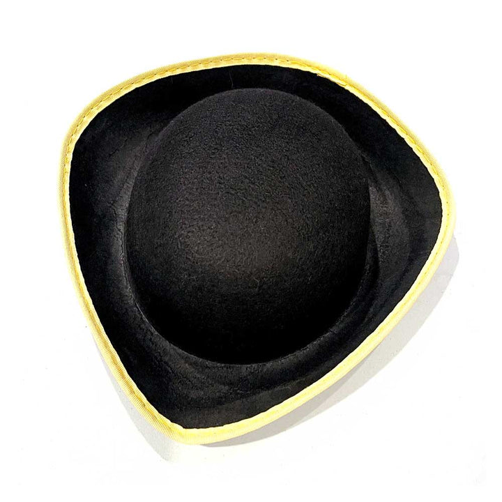 The Colonial Tricorn Hat features a wide, upturned brim and yellow trim along the edges, inspired by American Revolution styles, shown against a white background.