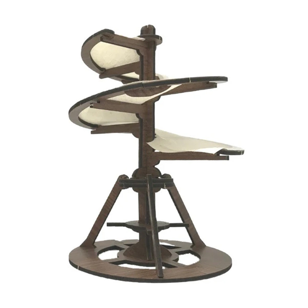 Inspired by Renaissance engineering, the Leonardo Da Vinci Mini Aerial Screw Kit features a central vertical axis, spiral ramp, canvas panels, and a tripod base.