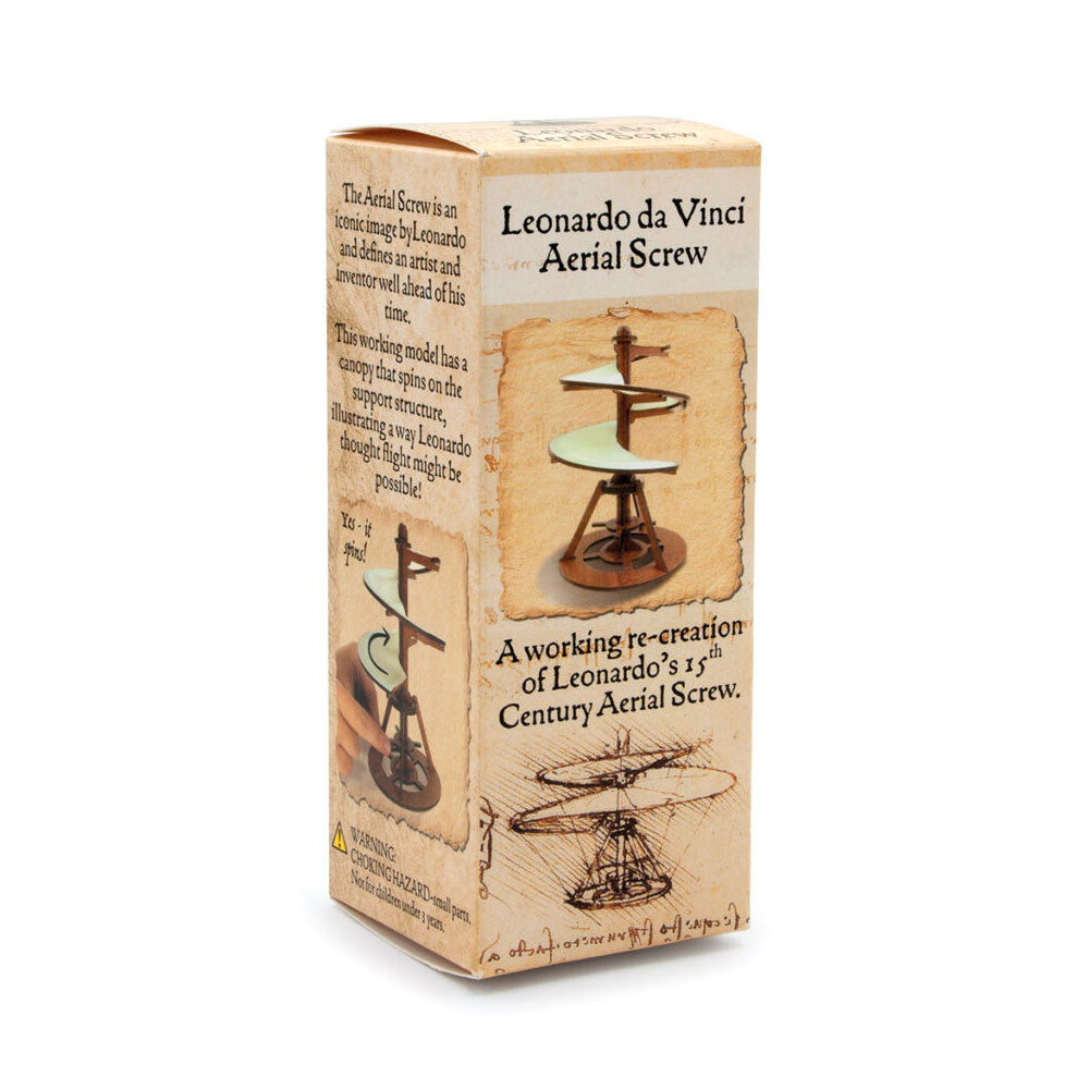 A beige box displays the Leonardo Da Vinci Mini Aerial Screw Kit, a working miniature re-creation of the 15th-century invention—an iconic Renaissance engineering piece—featuring illustrations and descriptive text.