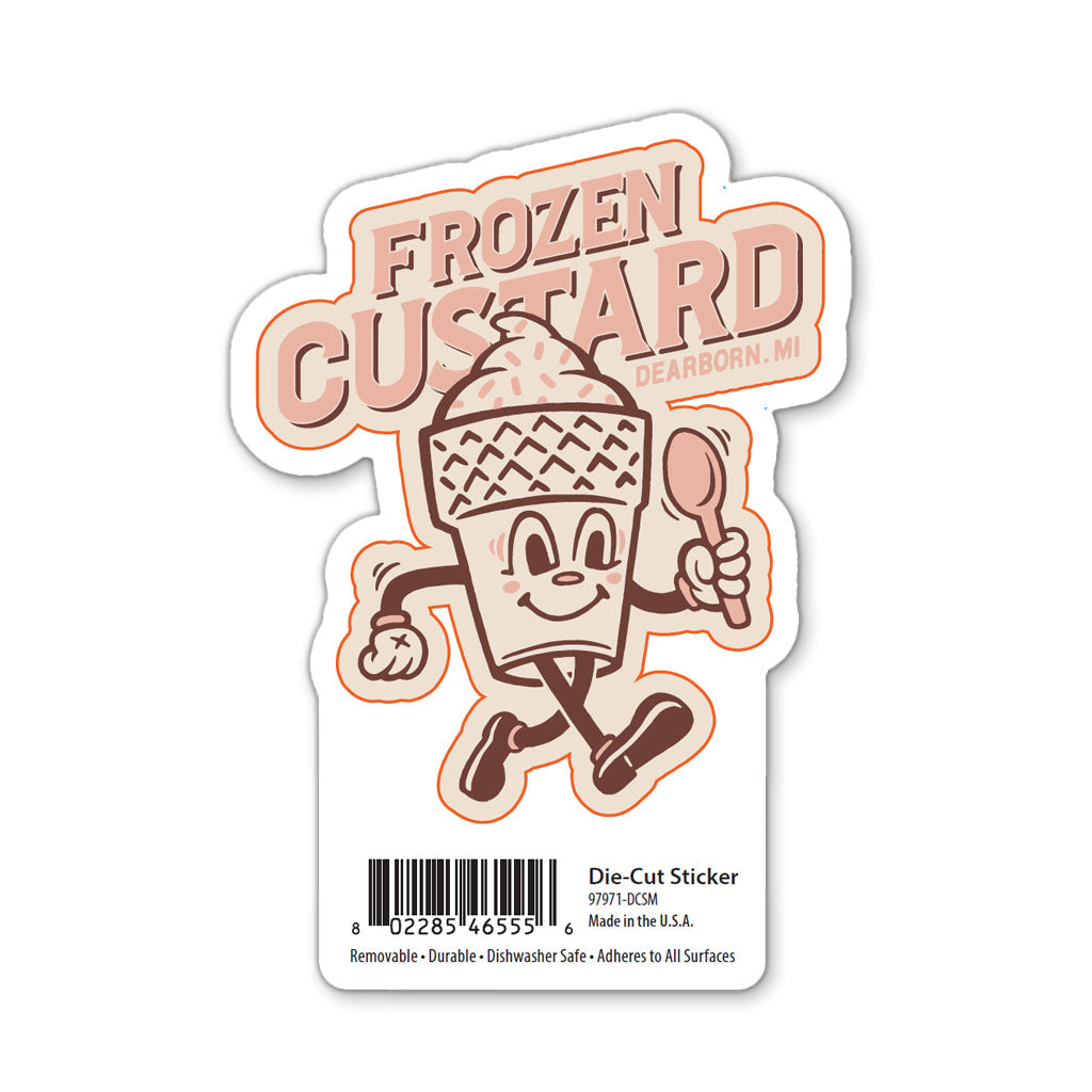 Greenfield Village Frozen Custard Sticker showcases a happy cartoon frozen custard cone with a spoon and "FROZEN CUSTARD DEARBORN, MI" text above—an ideal Greenfield Village souvenir. Barcode and product info are printed at the bottom.
