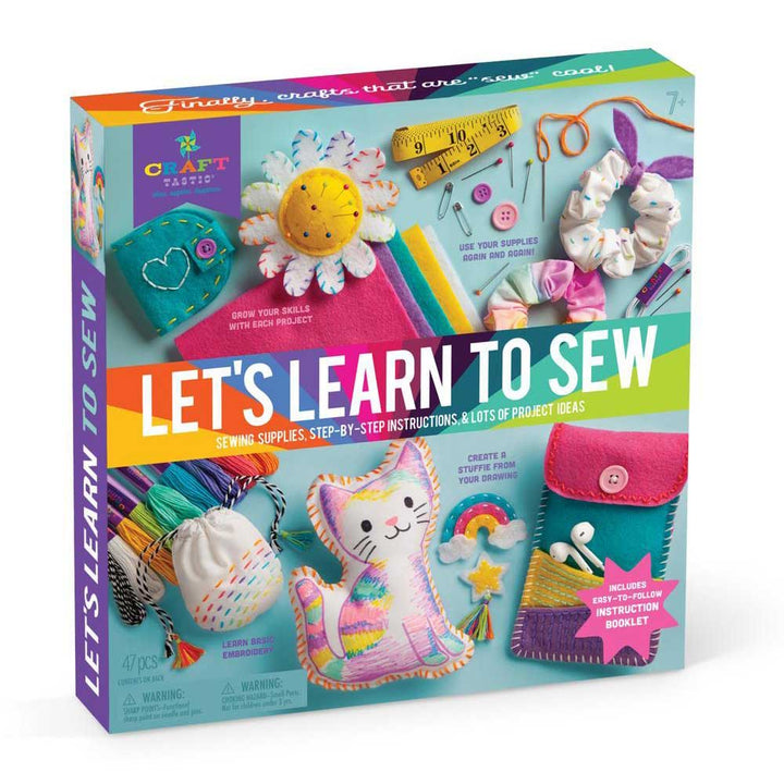 The Let's Learn to Sew kit features photos of beginner projects like a cat plush, flower, scrunchie, and pouch, plus sewing supplies and instructions. Perfect sewing kit for kids ages 7+.