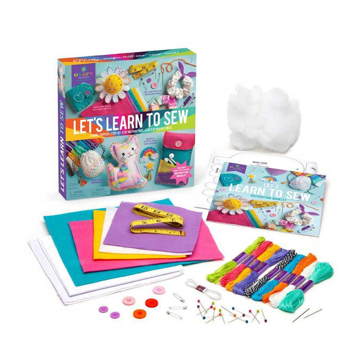 Let's Learn to Sew is a kids' sewing kit with colorful felt sheets, embroidery floss, buttons, pins, stuffing, needle threaders, and instructions—ideal for beginner projects and educational gifting.