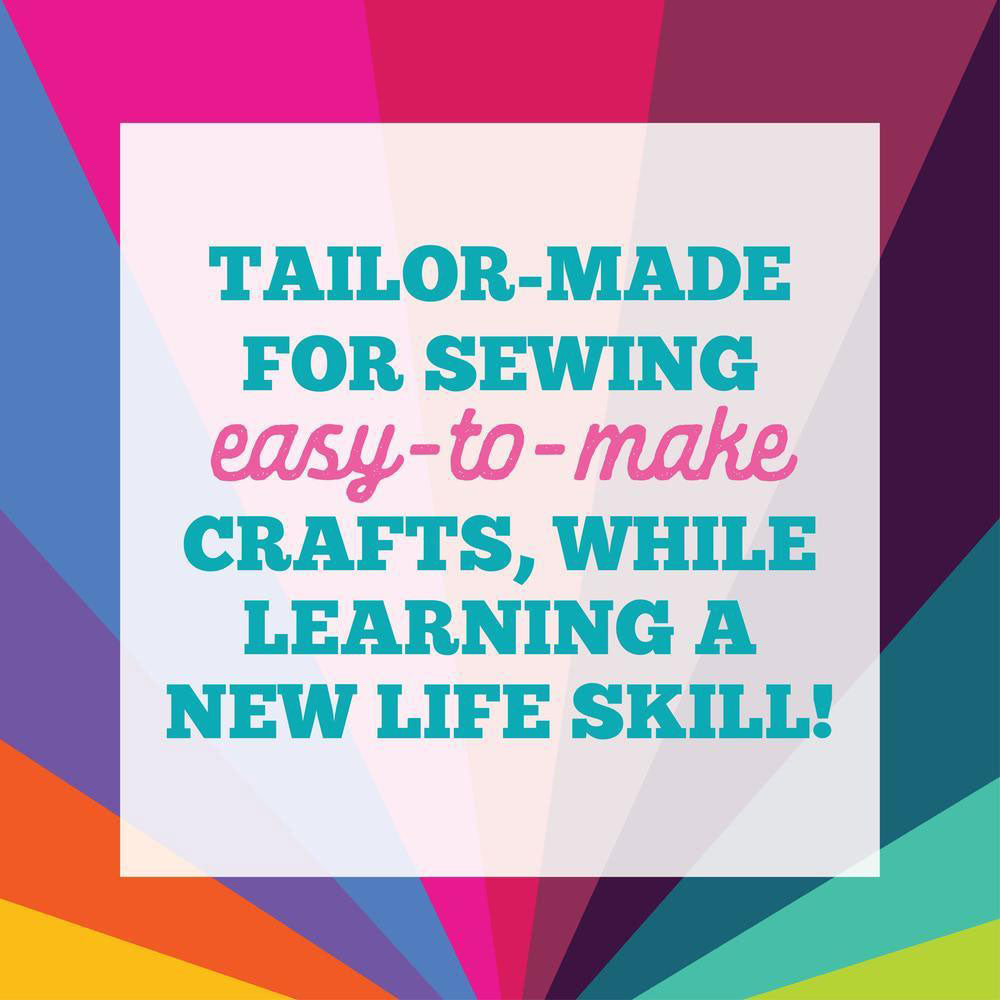 Text in a white square reads: Let’s Learn to Sew is perfect for kids’ sewing kits and simple crafts, helping them learn valuable life skills! Colorful geometric shapes in pink, blue, orange, purple, and yellow radiate in the background.