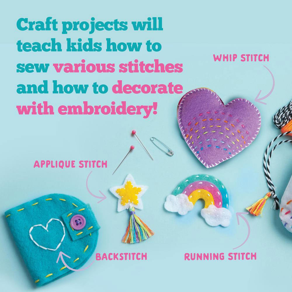 Let’s Learn to Sew: A beginner kit with felt projects—a heart (whip stitch), star (applique), rainbow (running stitch), teal pouch (backstitch)—plus pins and needle. An educational gift for kids to learn sewing techniques.