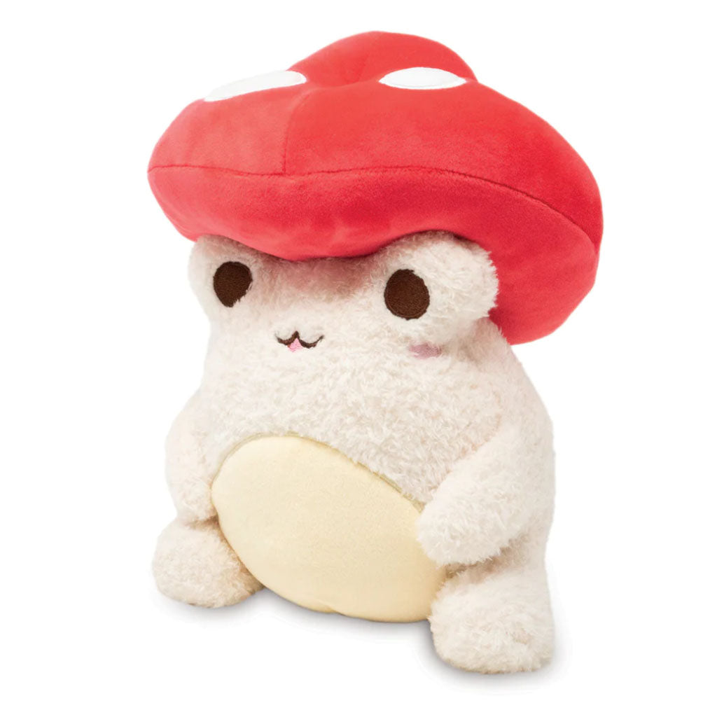 Wawa the Frog Wears a Mushroom Cap Plush features an adorable frog in a chubby mushroom costume with a red cap and white spots, round brown eyes, a sweet smile, and a cream-colored belly, sitting upright on a white background.