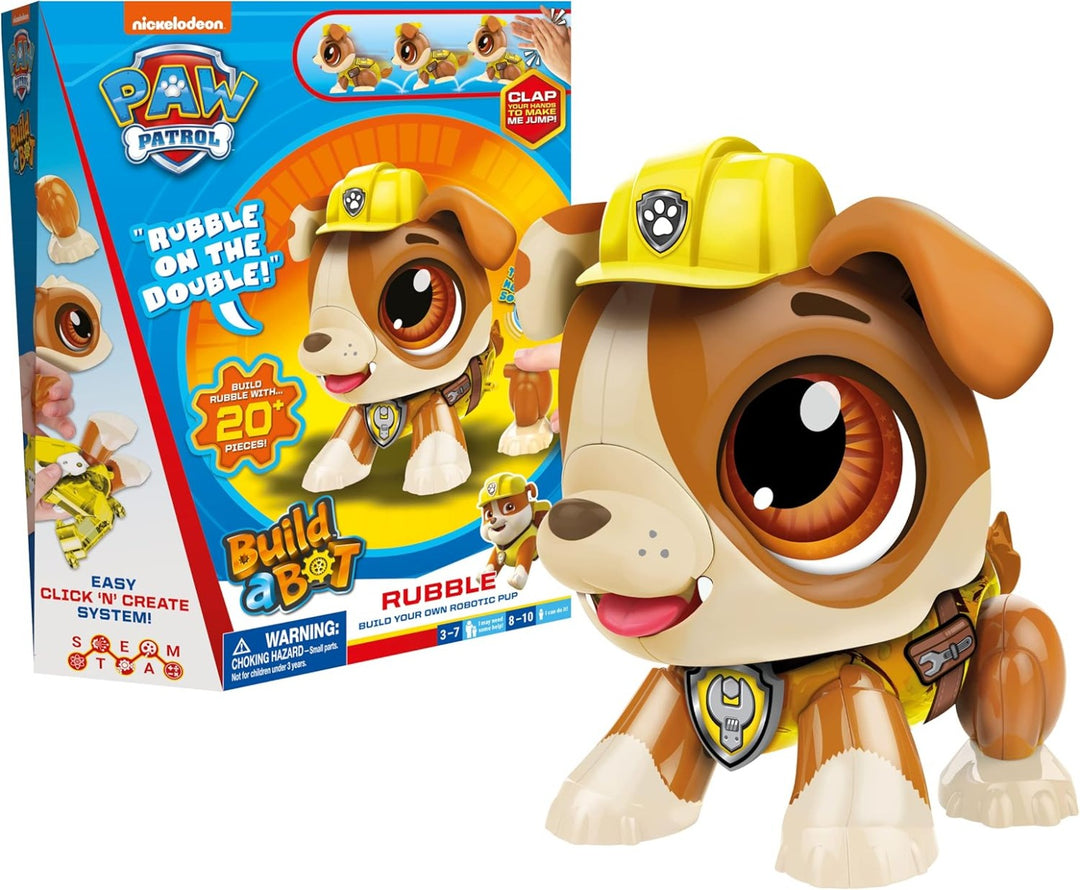 Build-a-Bot Paw Patrol (Rubble) is a toy set featuring Rubble, the puppy with a yellow construction hat and vest. The box includes 20+ assembly pieces and building instructions.