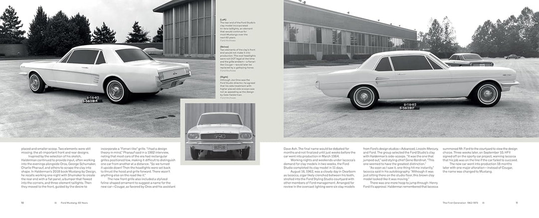 Two black-and-white photos show classic Ford Thunderbirds outside a building—one rear view, one side view—with text comparing their design to other iconic muscle cars in "Ford Mustang 60 Years.
