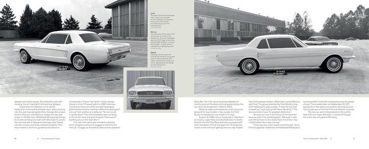 Two black-and-white photos show classic Ford Thunderbirds outside a building—one rear view, one side view—with text comparing their design to other iconic muscle cars in "Ford Mustang 60 Years.