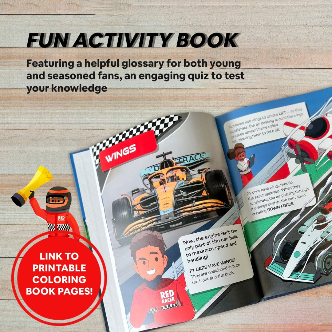 The book "All About Race Cars – A Guide to Formula 1 Race Cars" features cartoon characters, F1 cars, a wings section, and the text “FUN ACTIVITY BOOK,” plus a link to printable coloring pages. A toy race car and colored pencils are shown nearby.