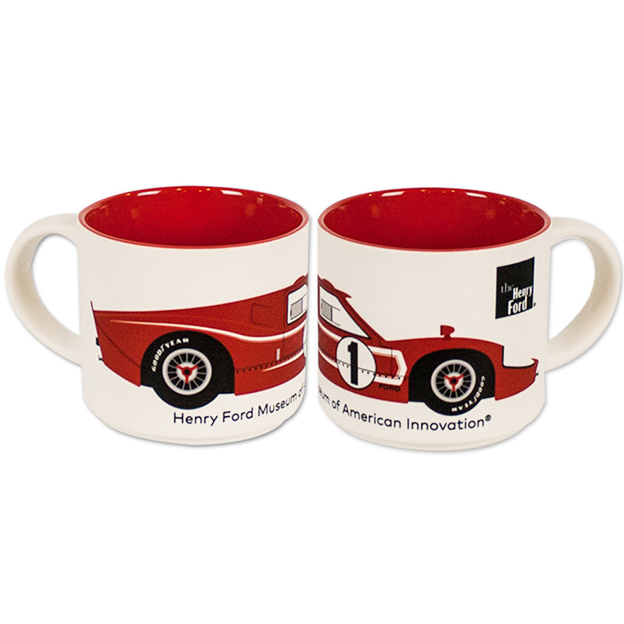 Two white Mark IV Mugs with red interiors feature illustrations of the Mark IV race car, each showing a different angle and black "Henry Ford Museum of American Innovation" text.