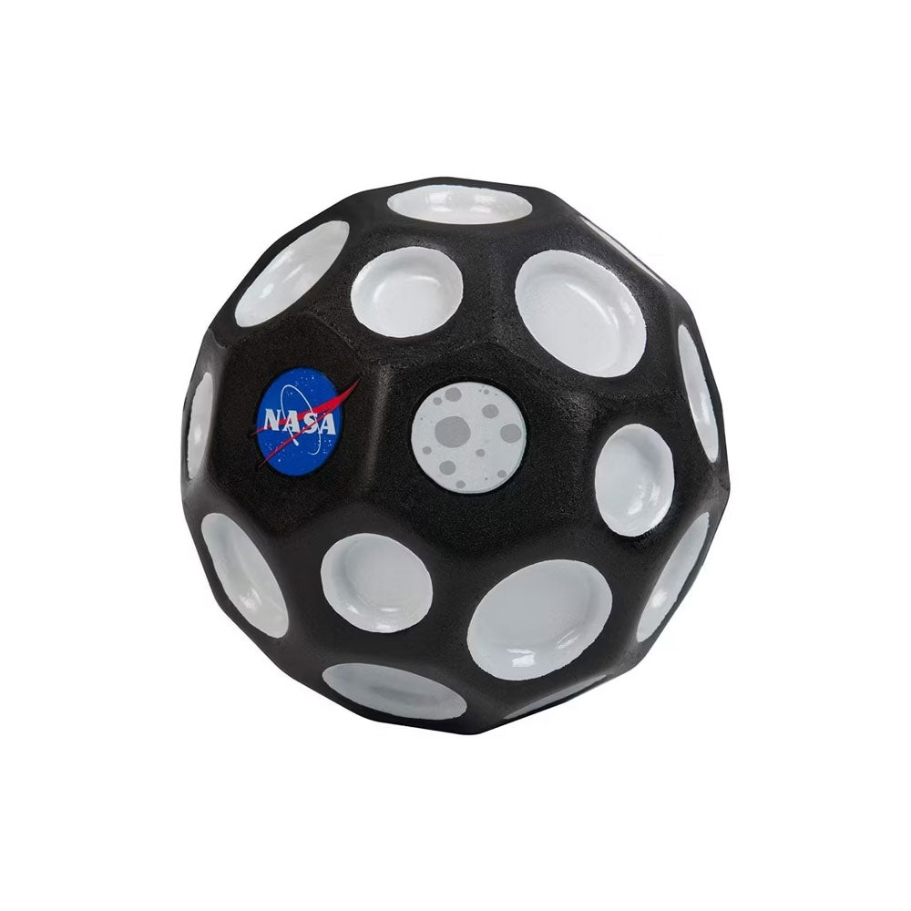 The Waboba NASA Moon Ball is a black and white, dodecahedron-shaped high-bounce ball featuring circular indentations, a NASA logo, and a moon illustration on its surface; set against a plain white background, it playfully captures the spirit of space exploration.