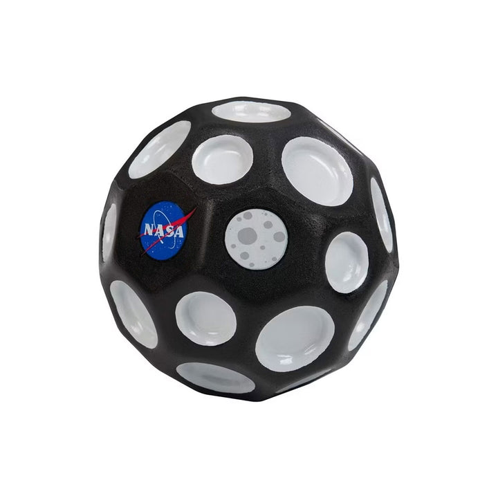 The Waboba NASA Moon Ball is a black and white, dodecahedron-shaped high-bounce ball featuring circular indentations, a NASA logo, and a moon illustration on its surface; set against a plain white background, it playfully captures the spirit of space exploration.