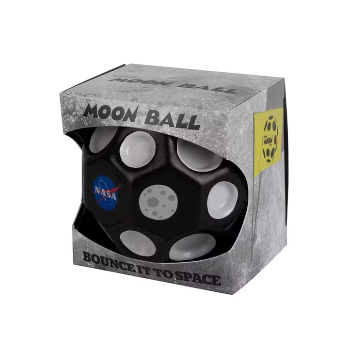 The Waboba NASA Moon Ball is a black, high-bounce ball with white craters, packaged in a gray box displaying NASA and Moon Ball logos, along with the phrase “Bounce it to space.”.