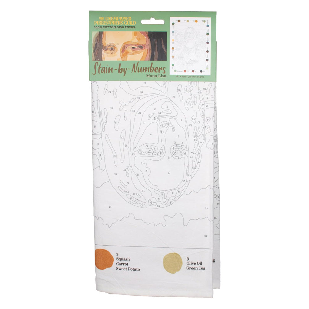 The Mona Lisa Stain by Numbers Tea Towel is a fun kitchen gift featuring a paint-by-numbers design with food-labeled color dots. Its packaging playfully reads "Stain-by-Numbers Mona Lisa," giving a classic artwork a creative twist.