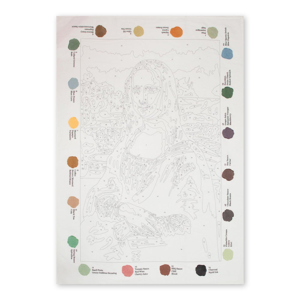 The Mona Lisa Stain by Numbers Tea Towel features a stain-by-numbers Mona Lisa outline on white cotton, surrounded by 16 labeled paint swatches—an artistic and unique kitchen gift for any art lover.