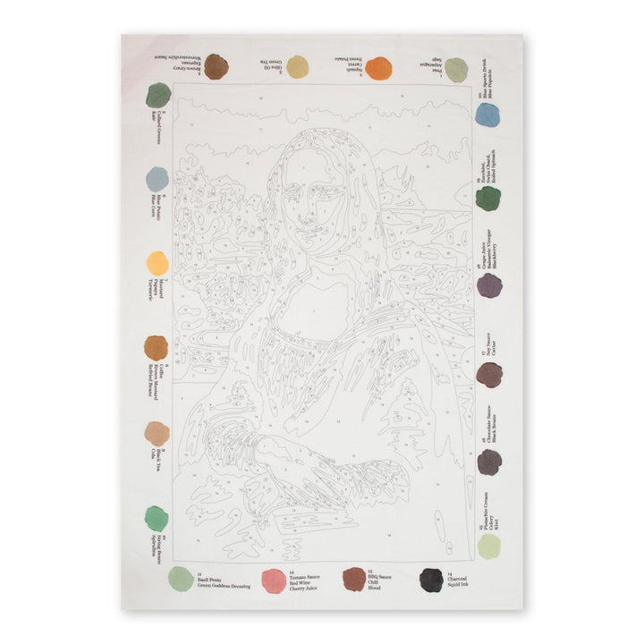 The Mona Lisa Stain by Numbers Tea Towel features a stain-by-numbers Mona Lisa outline on white cotton, surrounded by 16 labeled paint swatches—an artistic and unique kitchen gift for any art lover.
