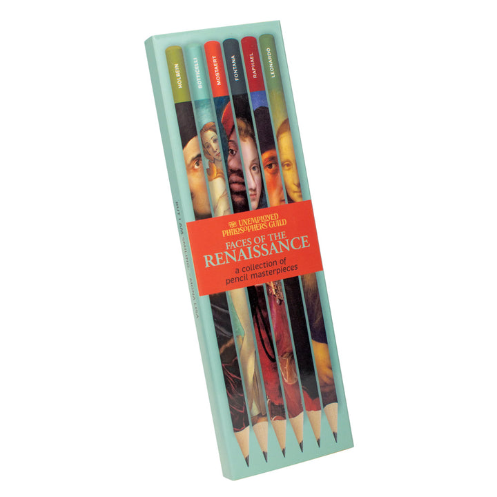 The Renaissance Faces Pencil Set includes 5 art pencils, each with renowned artist portraits. Packaged in a teal and orange box with decorative text, it’s the perfect gift for any Renaissance art enthusiast.