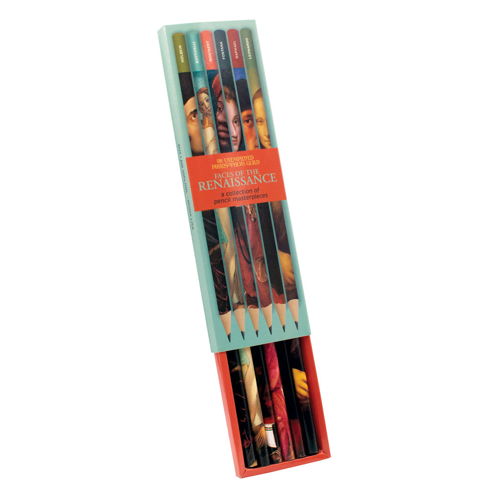 The Renaissance Faces Pencil Set includes five pencils, each featuring a unique Renaissance portrait and visible through a clear front panel—an ideal gift for any artist.