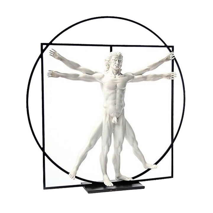 The Da Vinci Vitruvian Universal Man Figure features a 3D depiction of the classic Vitruvian Man with outstretched arms and legs inside a black circle and square, reflecting da Vinci’s iconic work from the Parastone Mouseion 3D Collection.