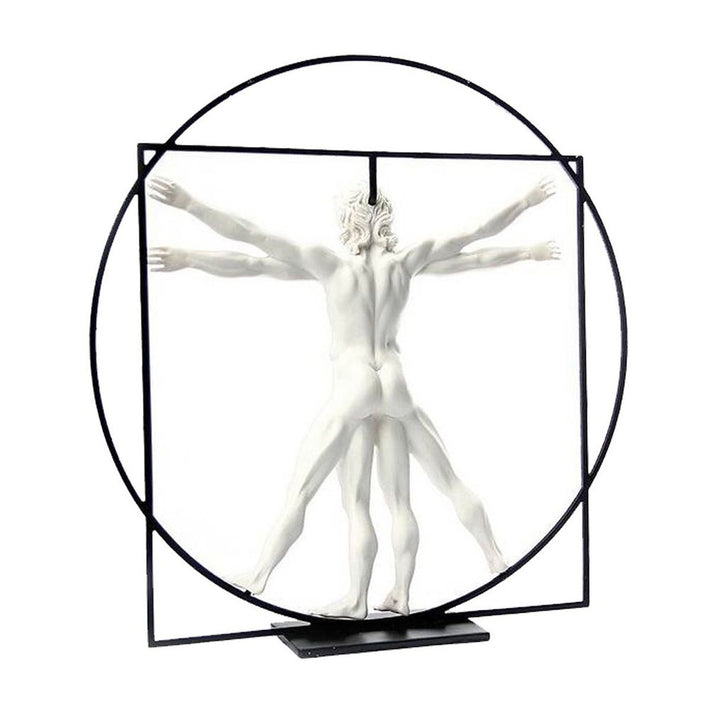 The Da Vinci Vitruvian Universal Man Figure shows a nude male with multiple arms and legs inside a black square and circle, viewed from the back. Inspired by Leonardo da Vinci, it's part of the Parastone Mouseion 3D Collection.
