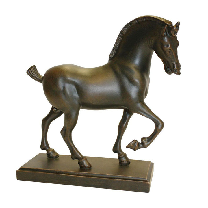 The Da Vinci Bronze Horse Figure, inspired by Renaissance sculpture, features a detailed, textured mane and musculature as it stands on a rectangular base with its right front leg raised and head turned slightly right.