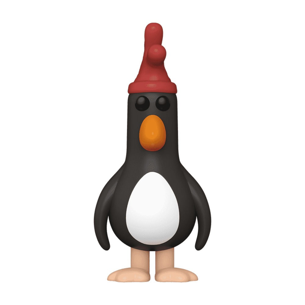 The Feathers McGraw Funko Pop! is a cartoonish penguin figure with a red hat, orange beak, black body, white belly, and beige feet, standing upright on a plain white background.