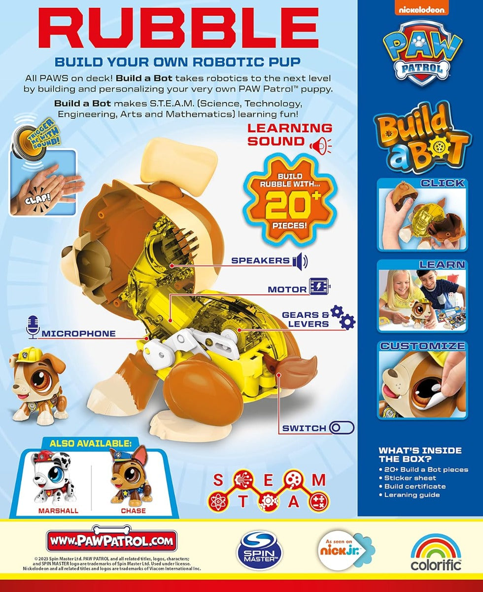 The Build-a-Bot Paw Patrol (Rubble) kit lets kids build a robotic Rubble pup, revealing its gears, motor, and sound features. The box features 20+ pieces and options to customize the finished robot.