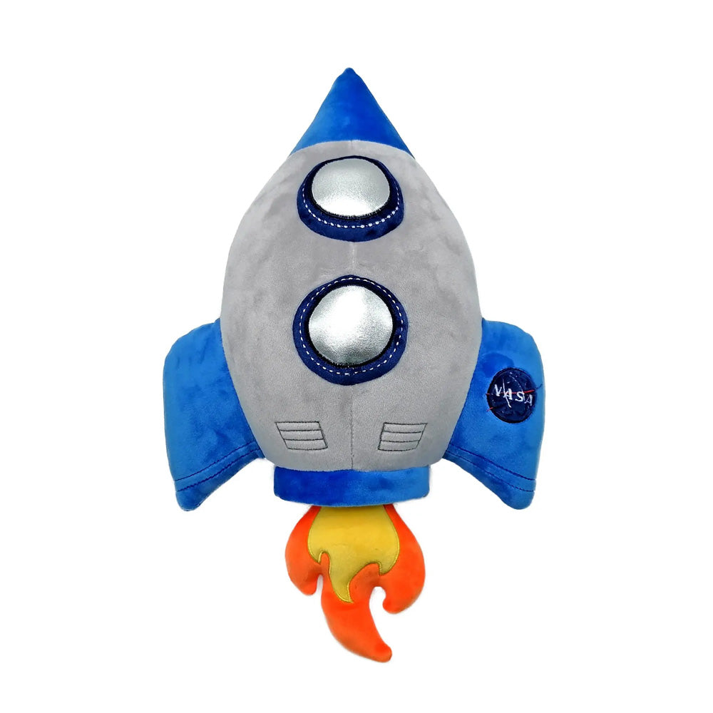 Here’s the rewritten sentence using your product data: The NASA Rocket Plush, designed as a gray and blue rocket ship with two silver windows, vibrant orange and yellow flames at the base, and the NASA logo on one side, is perfect for inspiring dreams of space exploration.