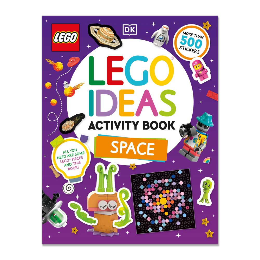 Cover of the LEGO Ideas Activity Book Space, showcasing LEGO minifigures, space-themed illustrations, and the text “More than 500 space-themed LEGO stickers” on a purple starry background—ideal for anyone seeking inspiring build ideas with LEGO.