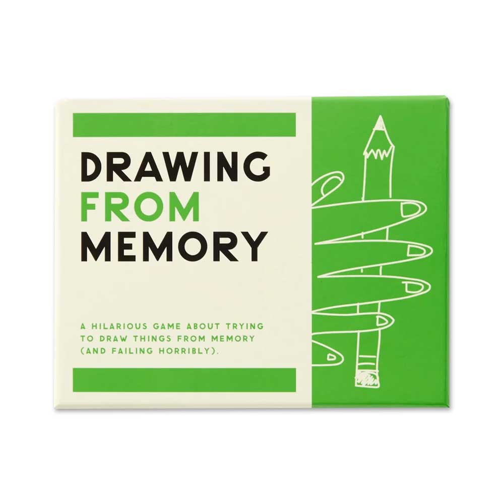 The Drawing From Memory Game box features a pencil tangled in a hand-drawn outline of a hand, with the tagline: "A hilarious drawing game about trying to draw things from memory (and failing horribly).