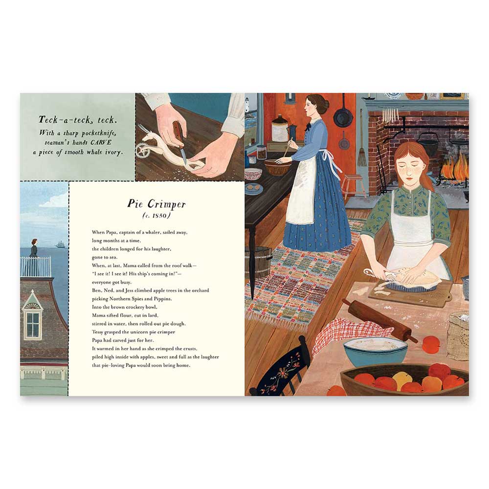 Illustration from "Made By Hand: A Crafts Sampler" shows two women in a vintage kitchen—one stirs at the stove, another uses a pie crimper—surrounded by handmade history, recipes, and a poem displayed on the left side of the image.