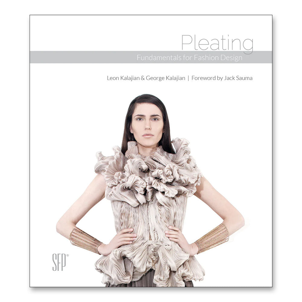 A woman with long, straight hair poses against a white background in a sculptural, pleated ruffle top with wide metallic cuffs. Above her is the book title: "Pleating: Fundamentals for Fashion Design.
