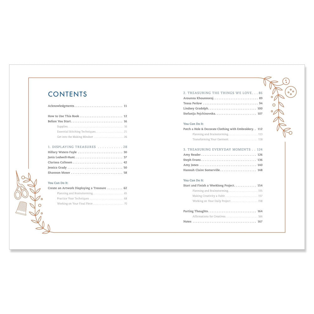 The table of contents page from "Threads of Treasure: How to Make, Mend, and Find Meaning through Thread" features line illustrations of sewing items and lists chapters and authors on personalized projects for modern crafters.
