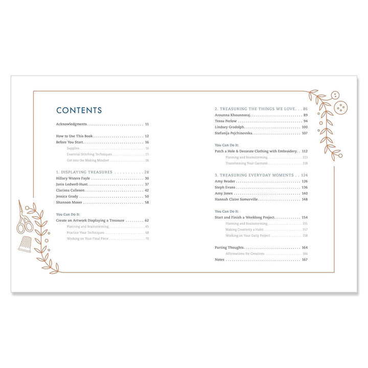 The table of contents page from "Threads of Treasure: How to Make, Mend, and Find Meaning through Thread" features line illustrations of sewing items and lists chapters and authors on personalized projects for modern crafters.
