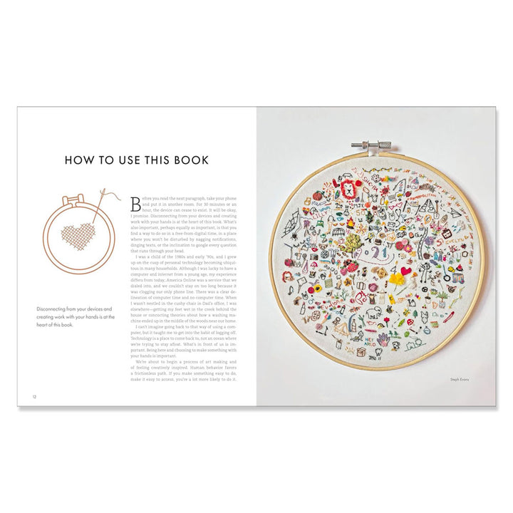 An open book, "Threads of Treasure: How to Make, Mend, and Find Meaning through Thread," displays usage instructions with heart embroidery on the left and a hoop full of colorful modern stitched designs on the right for creative inspiration.