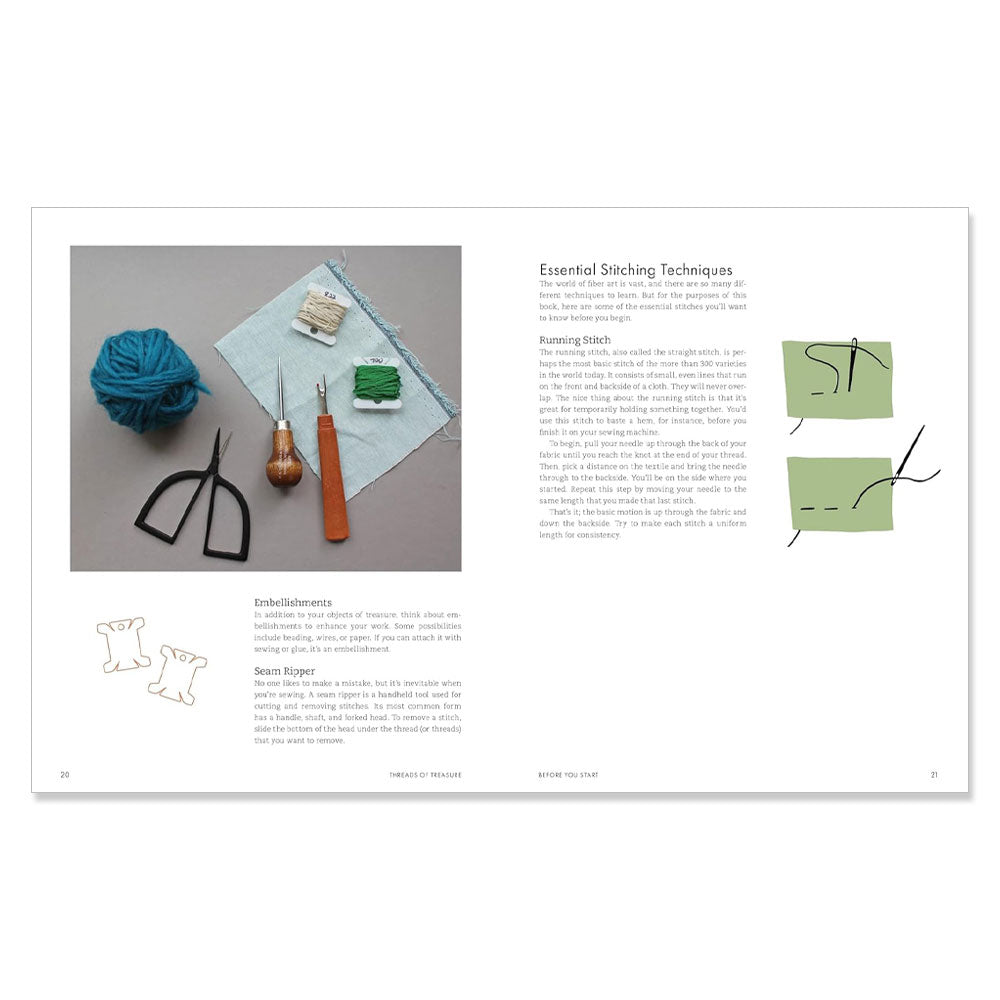 The "Threads of Treasure: How to Make, Mend, and Find Meaning through Thread" book features sewing tools (yarn, scissors, awl, needle, cloth, thread, seam ripper) and step-by-step embroidery diagrams—ideal inspiration for personal crafting projects.