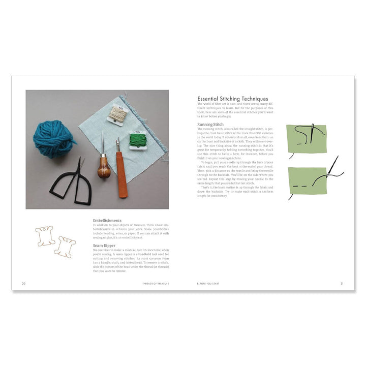 The "Threads of Treasure: How to Make, Mend, and Find Meaning through Thread" book features sewing tools (yarn, scissors, awl, needle, cloth, thread, seam ripper) and step-by-step embroidery diagrams—ideal inspiration for personal crafting projects.