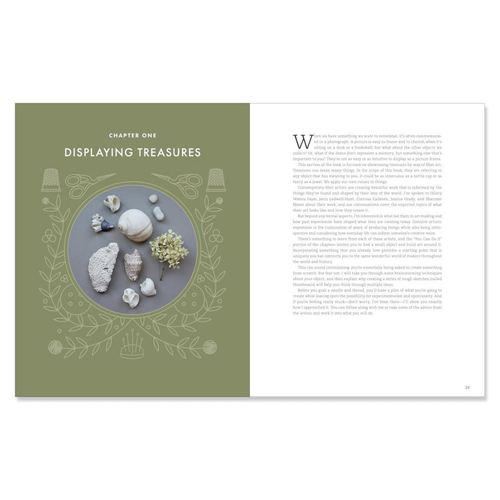 A spread from "Threads of Treasure: How to Make, Mend, and Find Meaning through Thread" shows the left page titled Chapter One: Displaying Treasures with seashells, embroidery, and nature art on green; the right has black text on white.