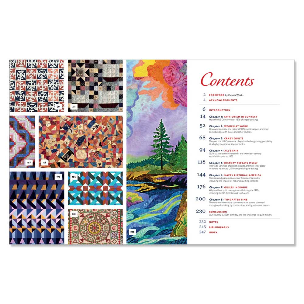 The contents page of "Commemorative American Quilts: Stitching Our Heritage from 1876 to Today" features a colorful tree and river illustration on the right and nine geometric quilt patterns inspired by US quilting history in a grid on the left.