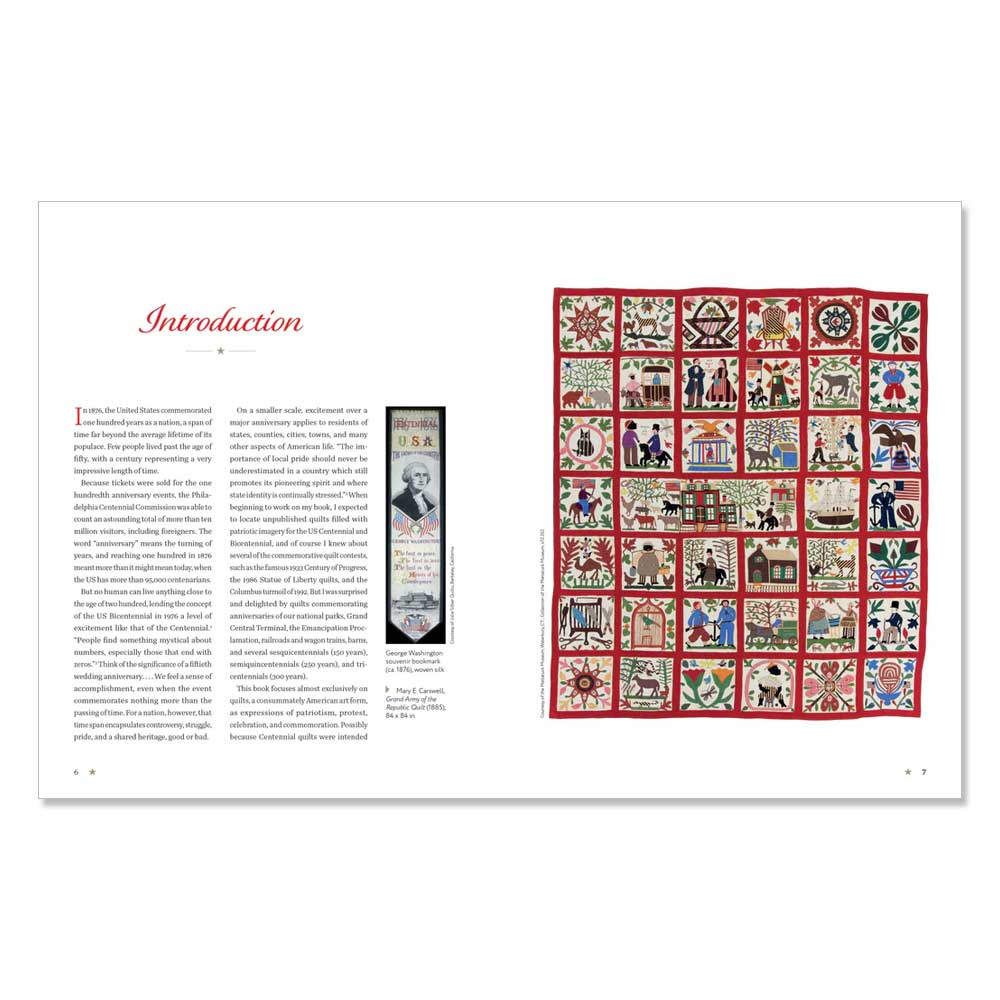 A spread from "Commemorative American Quilts: Stitching Our Heritage from 1876 to Today" features an Introduction heading, a text column, a vertical illustration, and a vibrant quilt with squares showing diverse scenes and patterns.