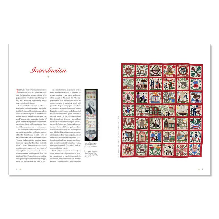 A spread from "Commemorative American Quilts: Stitching Our Heritage from 1876 to Today" features an Introduction heading, a text column, a vertical illustration, and a vibrant quilt with squares showing diverse scenes and patterns.