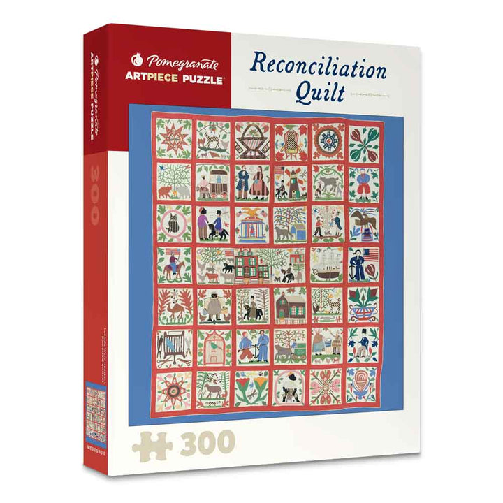The Reconciliation Quilt 300-piece Jigsaw Puzzle by Pomegranate features a vibrant quilt design with 42 squares depicting people, plants, and patterns in red, green, and blue tones on the box cover.