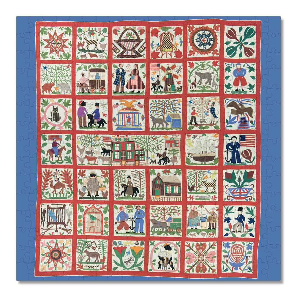 The Reconciliation Quilt 300-piece Jigsaw Puzzle features 42 vibrant patchwork panels with folk-art scenes of people, animals, and patriotic symbols, all bordered by red sashing and a blue edge—an ideal addition to any puzzle or quilt collection.