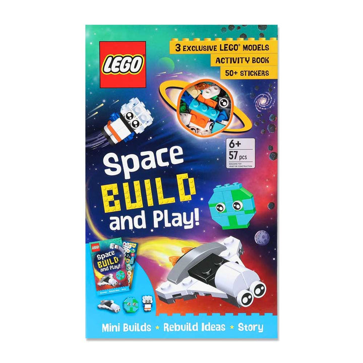 LEGO Books: Space Build and Play Box activity book features exclusive LEGO builds with 3 unique models, 57 pieces, over 50 stickers, and vibrant space-themed graphics on the cover. Suitable for ages 6 and up.