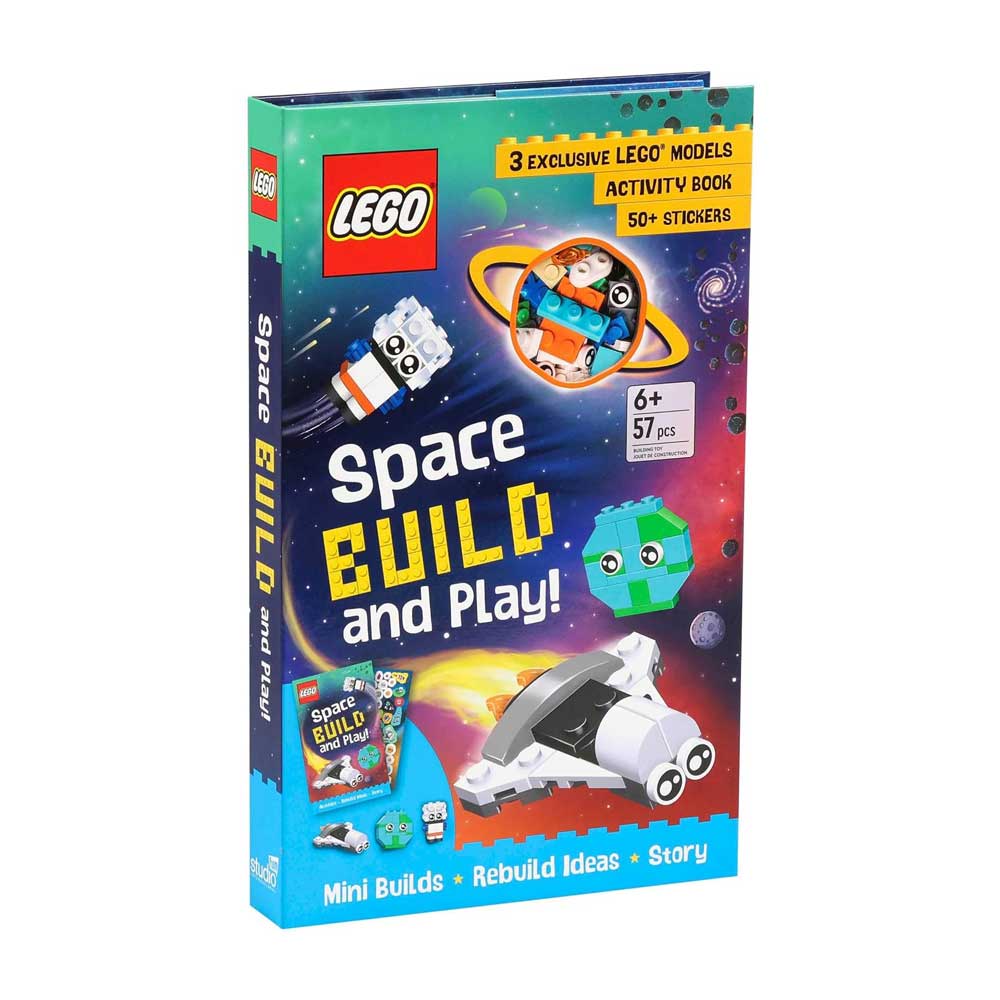 Discover the LEGO Books: Space Build and Play Box! This activity set is designed for ages 6+ and features space-themed illustrations, 3 exclusive LEGO builds using 57 pieces, and over 50 stickers. The cover highlights mini builds, story content, and creative rebuild ideas—all included in the thrilling LEGO Books: Space Build and Play Box.