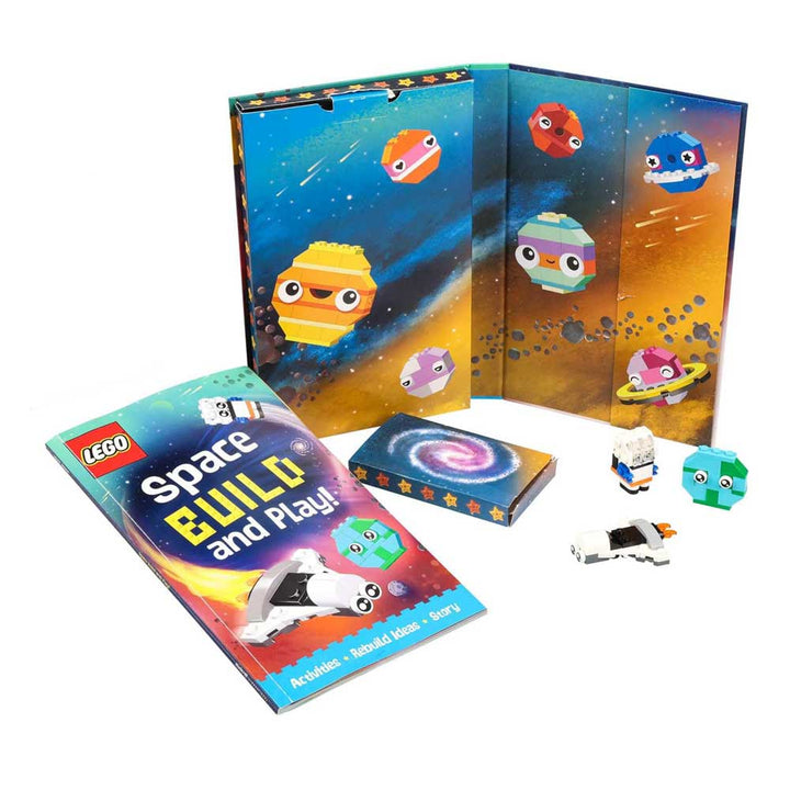 Discover the LEGO Books: Space Build and Play Box, which includes an interactive activity book, a fold-out backdrop featuring cartoon planets, and a compact box filled with space-themed LEGO figures. Create exclusive LEGO builds like a rocket and colorful character models—ideal for imaginative adventures in outer space.