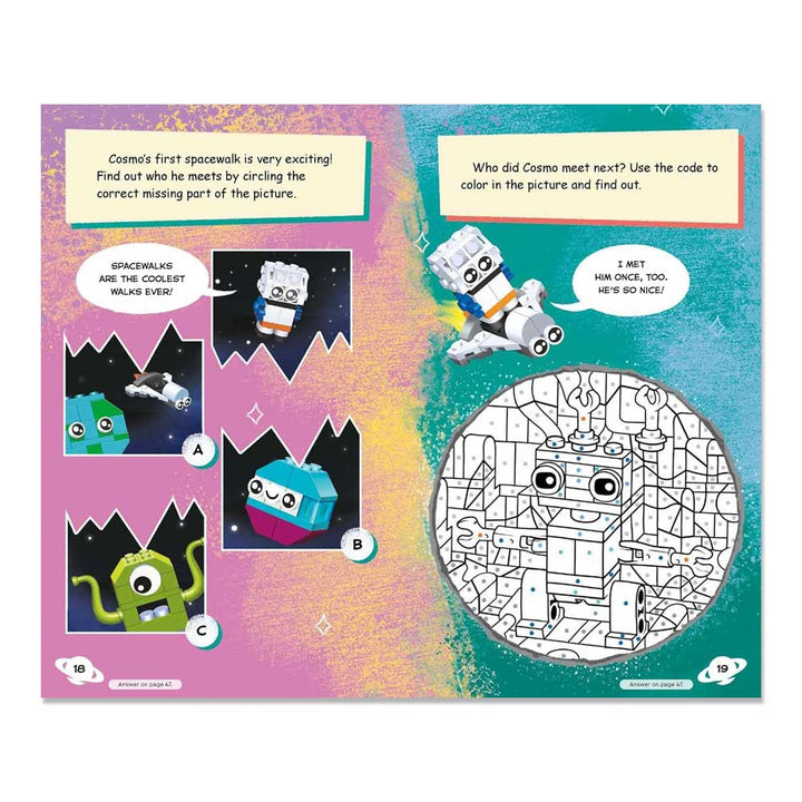 Here’s the rewritten sentence using your product data: Two vibrant kids’ activity pages, inspired by the LEGO Books: Space Build and Play Box, showcase cartoon-shaped astronauts. The left page offers a matching game, while the right features a color-by-code robot against a circular lunar backdrop—perfect for space-themed activity books or fans of exclusive LEGO Books creations.