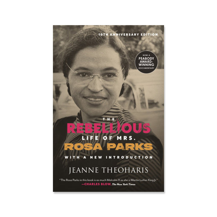 Book cover of The Rebellious Life of Mrs. Rosa Parks, with a black-and-white photo of Rosa Parks smiling, bold title text, and mention of the Peabody Award-winning documentary based on her civil rights activism.